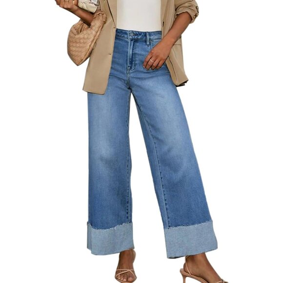 Women's Wide Leg Jeans Stretch Raw Hem High Rise Casual Cool Trendy - Picture 2 of 6